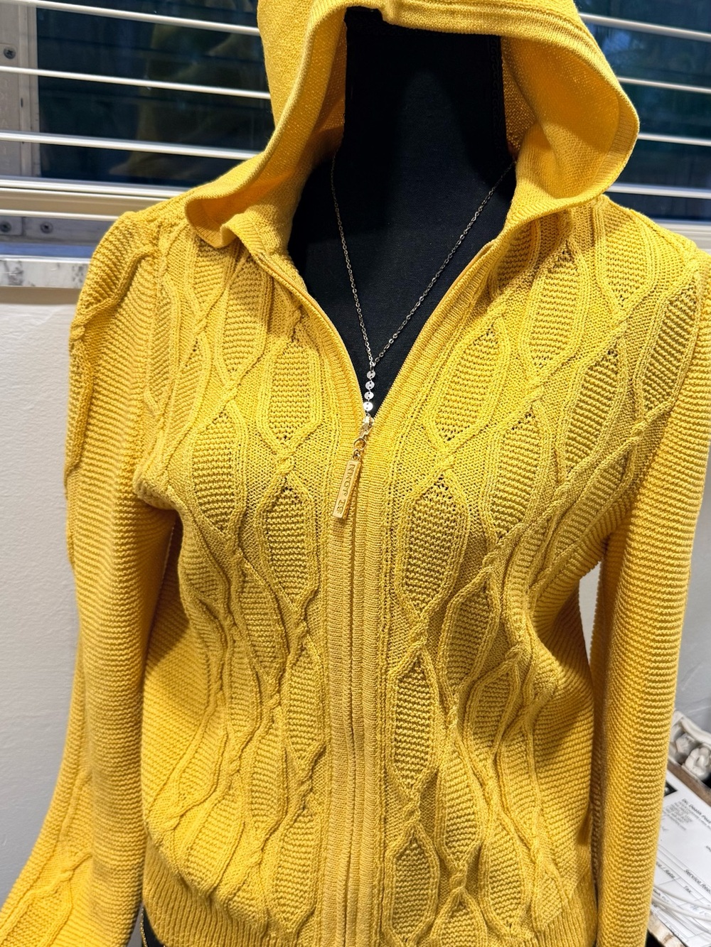 St.Johns Sport Women’s Yellow Hooded Zip Cable-Knit Sweater
